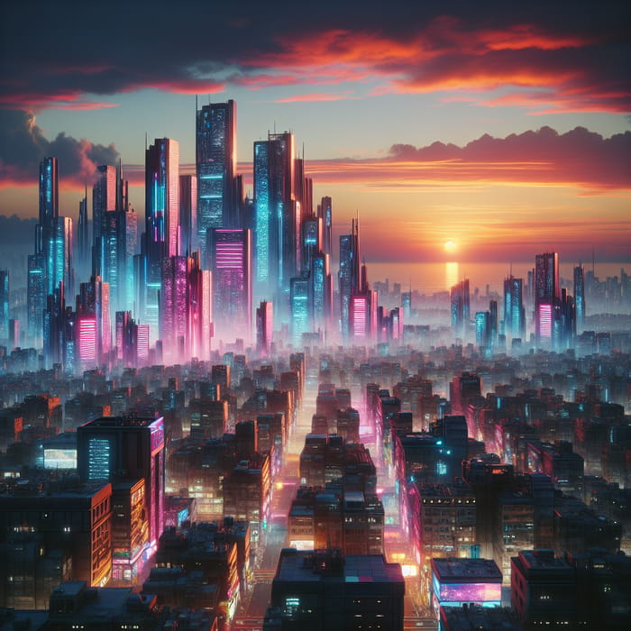 Neon-lit Cyberpunk Cityscape at Sunset - Digital Painting