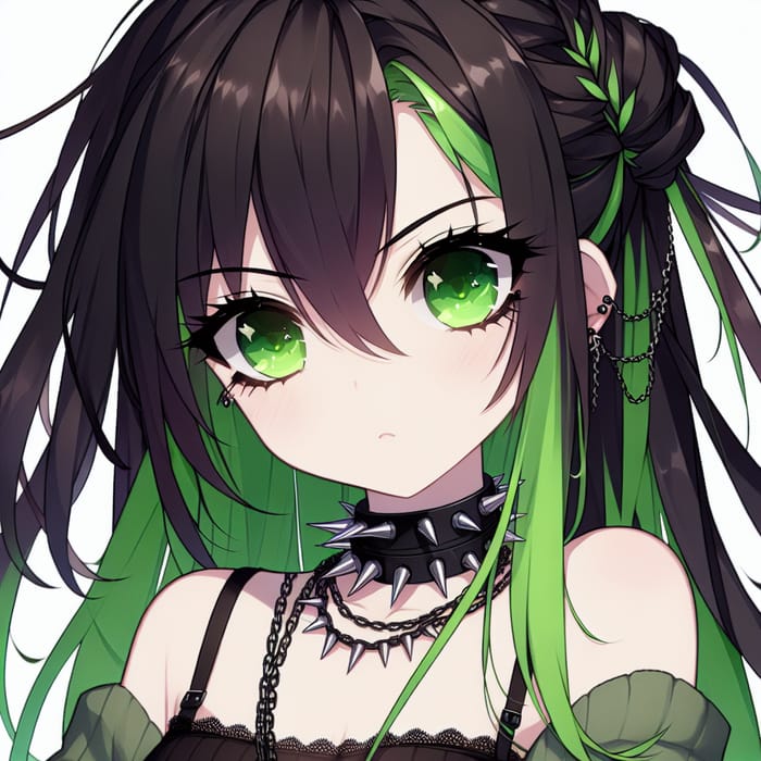 Anime Girl with Black Hair, Green Streak, Green Eyes, Thorny Access