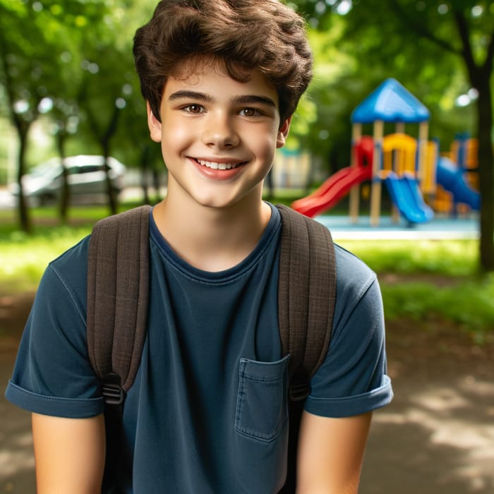 Cheerful Overweight Teen Boy: Smiling in Park | Website Name
