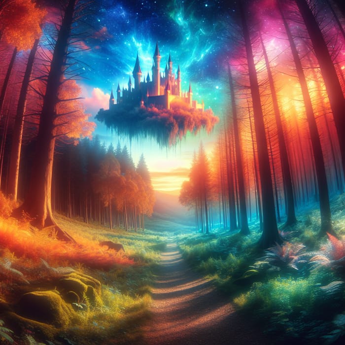 Enchanting Forest Scene with Floating Castle | Dreamlike Fantasy Art