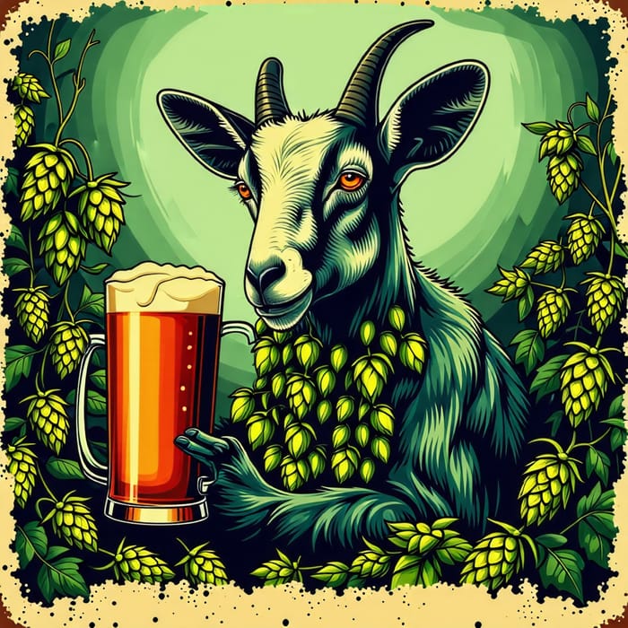 Vibrant Craft Beer Label with Hops-Formed Goat | Brewery Artwork
