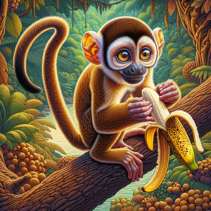 Playful Monkey Eating Fresh Banana in Lush Jungle Setting
