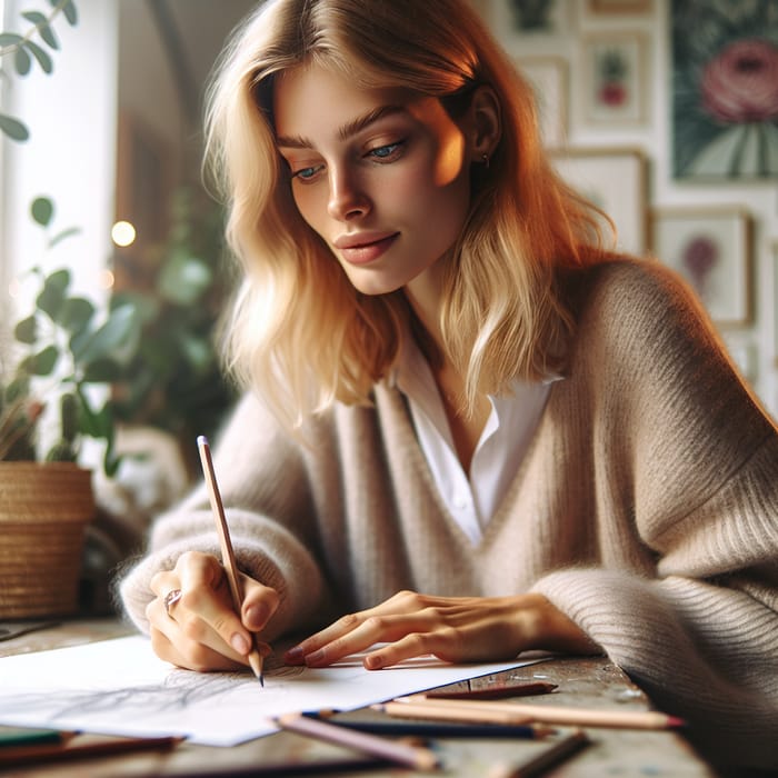 Aline Sketching in Serene Setting with Art Adorned Room and Natural Light
