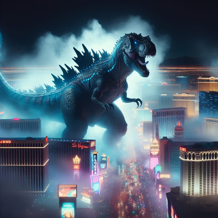 Godzilla Rampages Las Vegas in Nighttime Fog