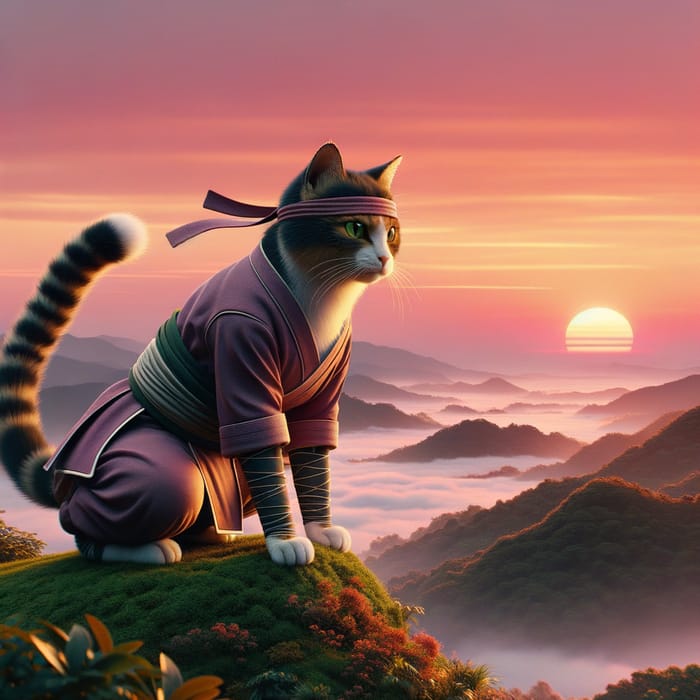 Ninja Cat at Serene Sunset View | Hyper-Realistic 16:9 Feline Art