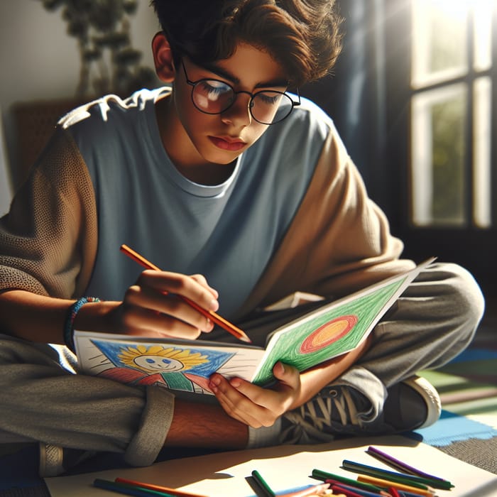 Niño con Lentes Leyendo Dibujo Pintado en Casa