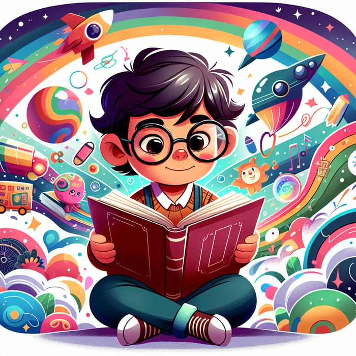 Animated Boy with Glasses Reading a Book