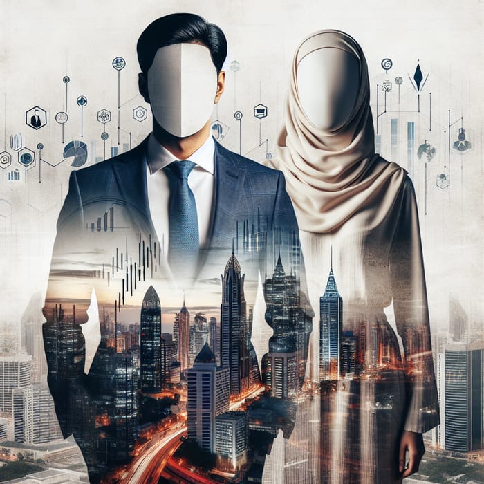 Double Exposure: Faceless Business Duo Embracing Cityscape