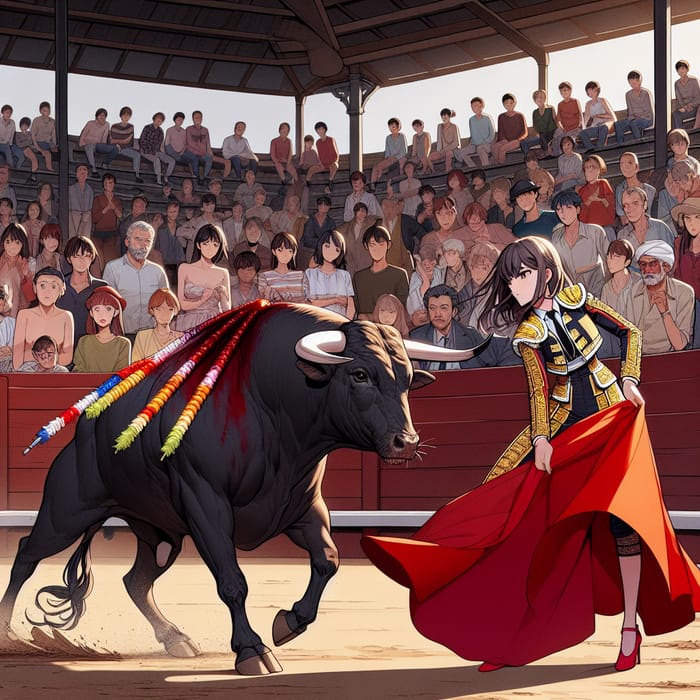 Female Matador Controls Bull in Diverse Arena | Anime Style