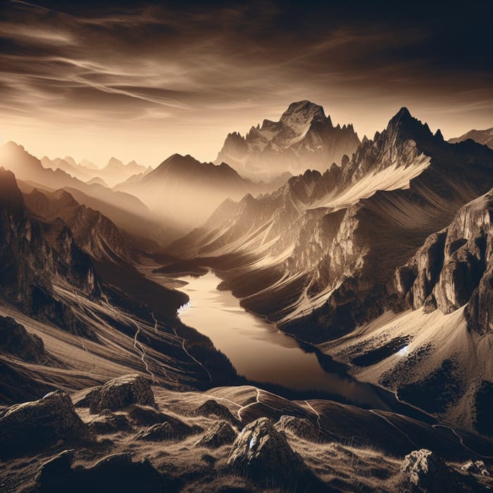 Majestic Sunrise Mountain Range Landscape in Monochrome
