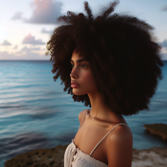 Brunette Woman with Afro Hair by the Sea
