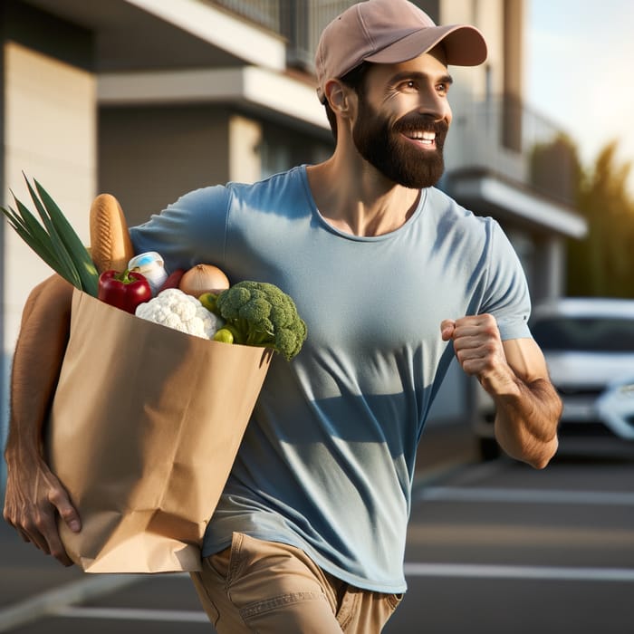 Man in T-shirt and Cap Running with Bag | Grocery Delivery
