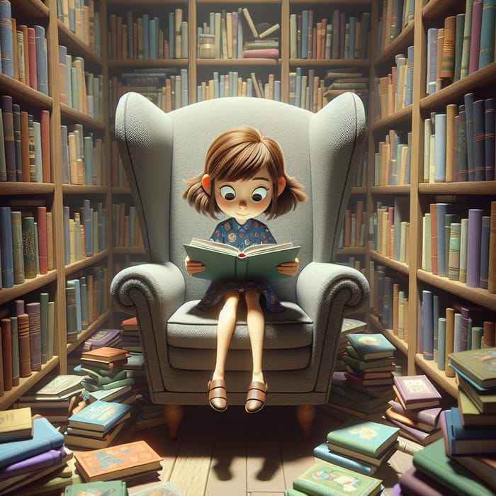 Enchanting Girl with Brown Hair Reading in Magical Library