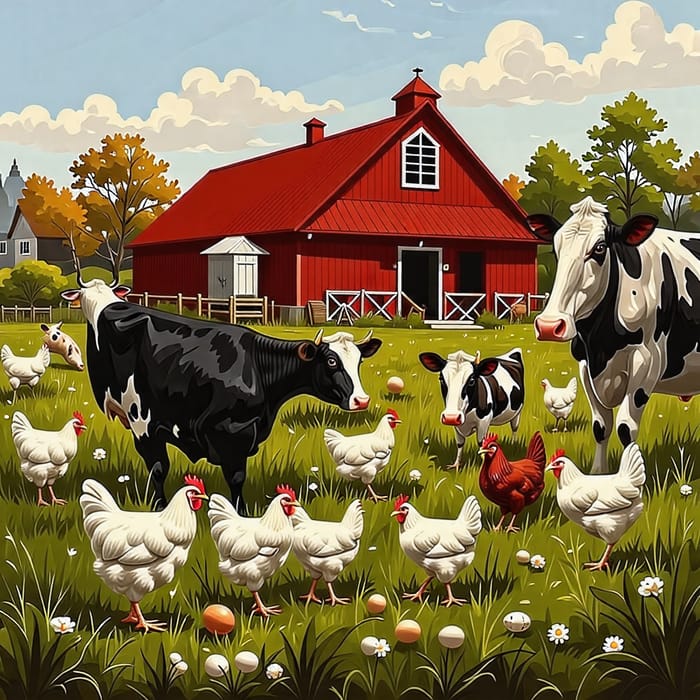 Bustling Farm with Chickens, Cows and Daily Activities