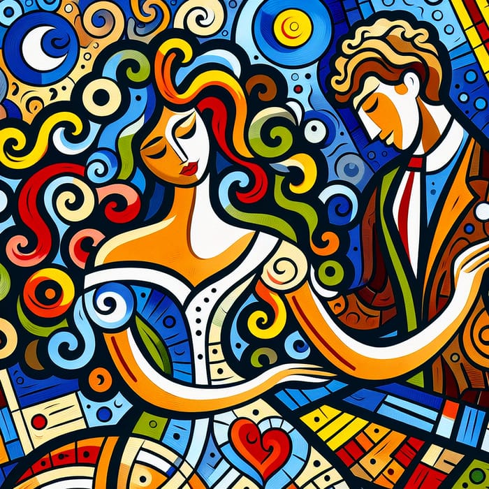 Curly-Haired Beauty and Man in Primitive Art Style