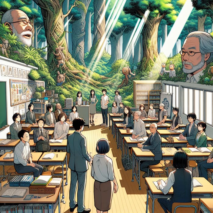 Manga-Style Forest Classroom: 19 Diverse Teachers Conversing