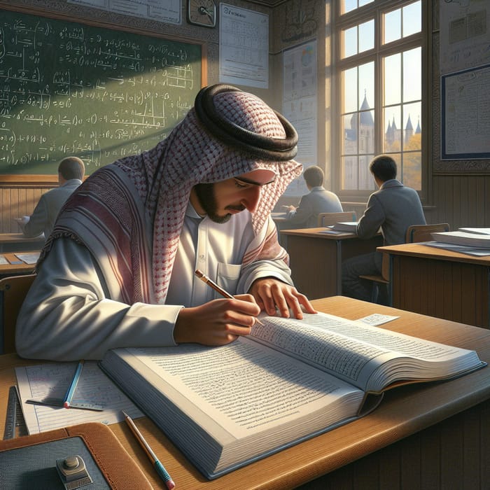Middle-Eastern Male Student Absorbed in Classroom Studies