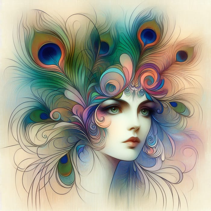 Whimsical Woman Portrait with Peacock Feather Headdress