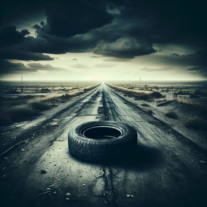 Dark Grungy Tire on Endless Abandoned Road: Symbol of Desolation