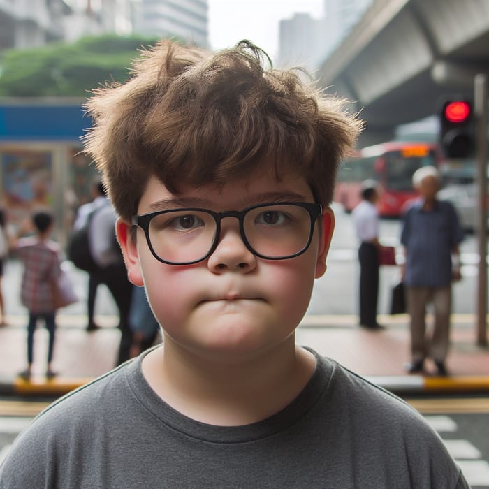 Basso Cicciotello: 12-Year-Old Boy Glasses Messy Hair Public Street