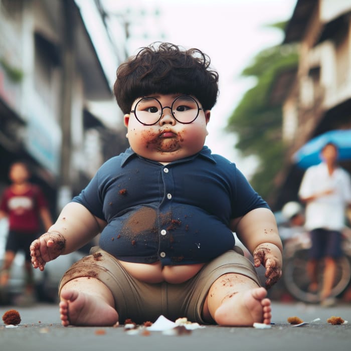 Short Chubby Boy with Glasses Causing Street Mess