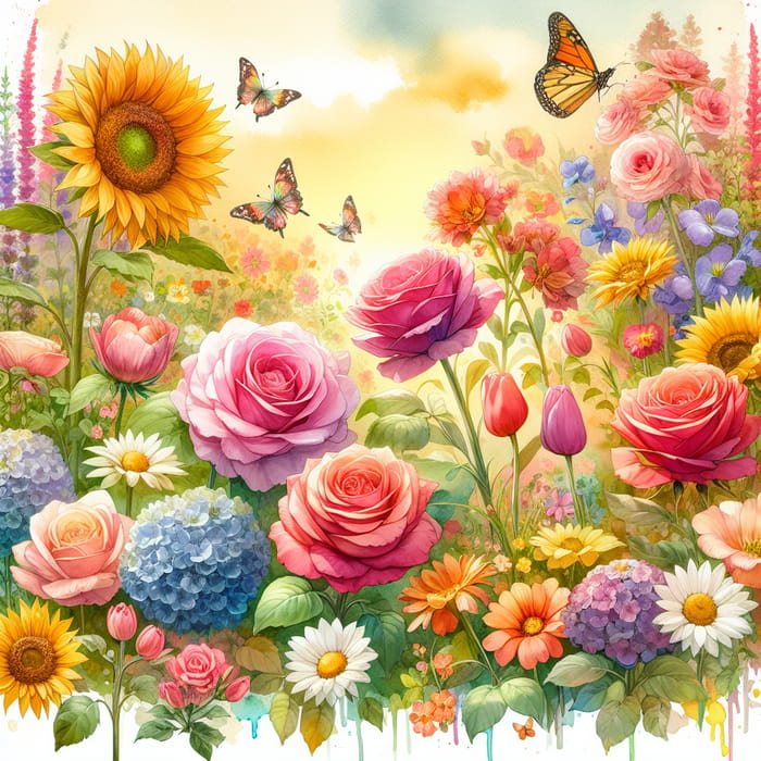 Enchanting Watercolor Garden with Diverse Blooming Flowers
