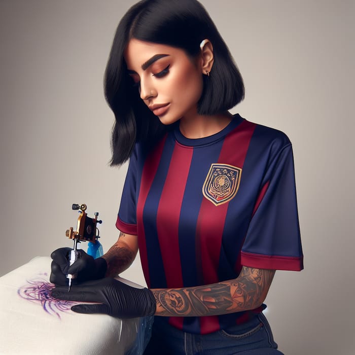 Young Female Tattoo Artist with Black Hair | FC Barcelona T-Shirt Design