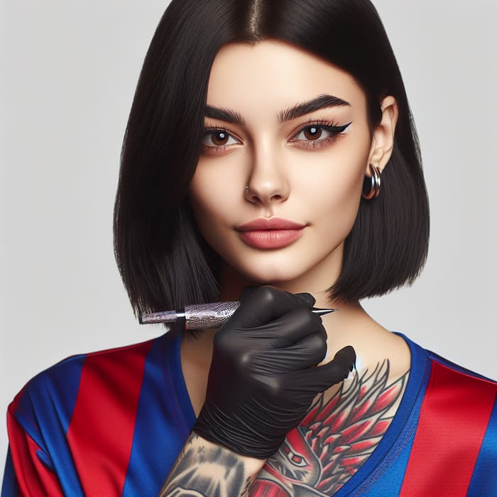 Young Woman with Medium Black Hair and Eyeliner Tattooing in Barcelona FC Shirt