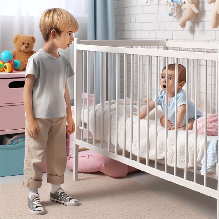 Curious 12-Year-Old Interacting with Baby in Nursery Room