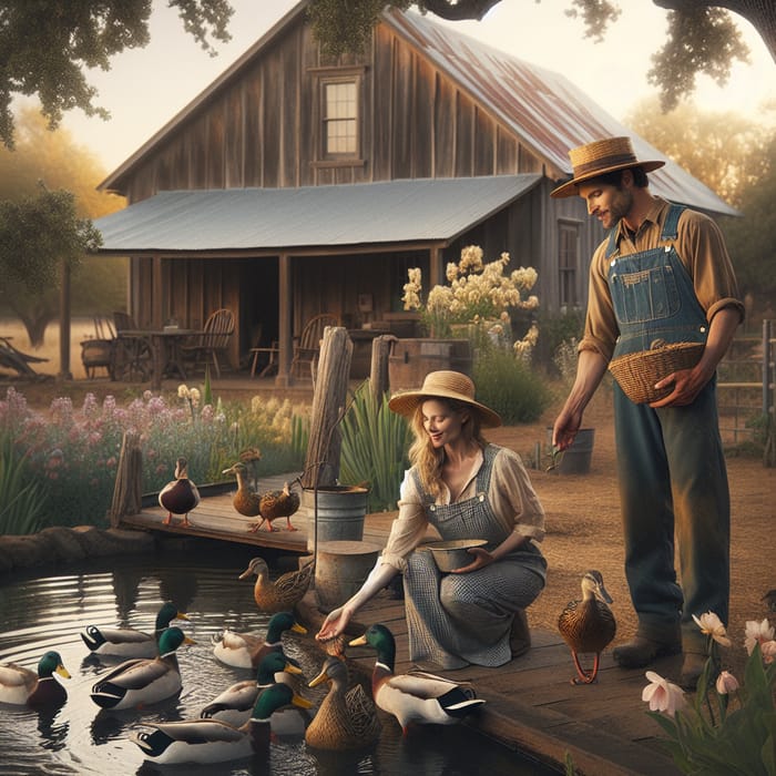 Duck Feeding - Rustic Farmhouse Scene at Twilight