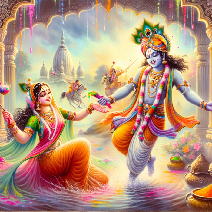 Lord Krishna & Radha Playing Holi in Vrindaban - Watercolor Art