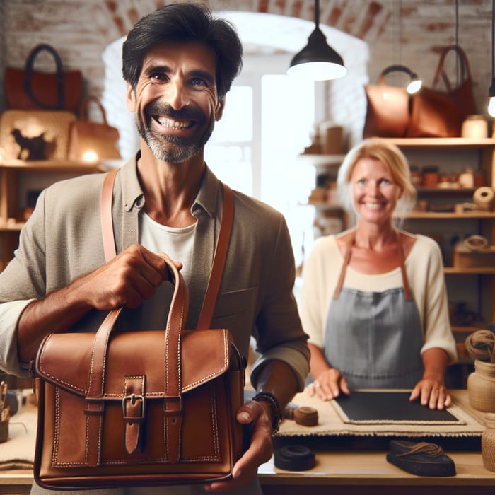 Satisfied Customer at Artisanal Shop | Handcrafted Leather Bag Purchase