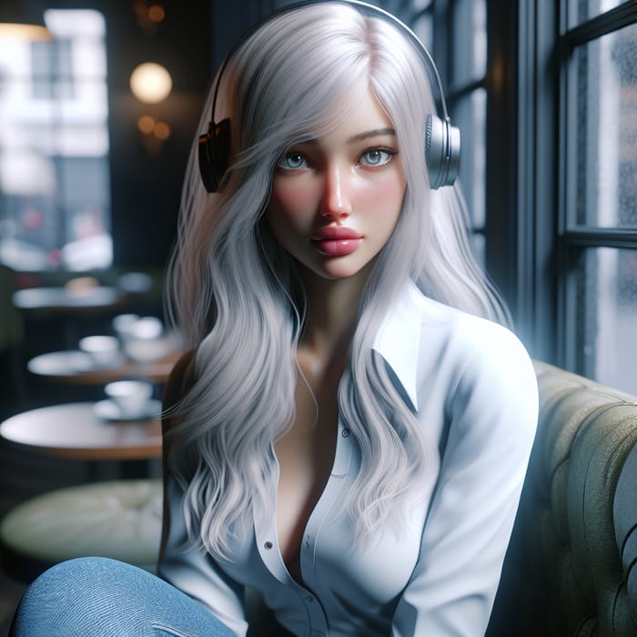 Full Body Image of 18-Year-Old Girl with White Hair in Café - 8K Realism