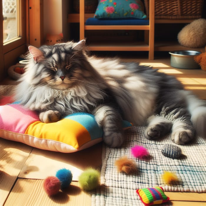 Adorable Fluffy Gray Cat Relaxing on Colorful Cushion