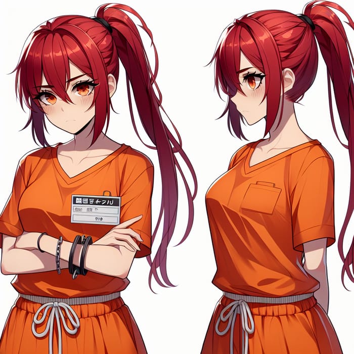 Emotive Scarlet-Haired Female Inmate 'Leila' Anime Art