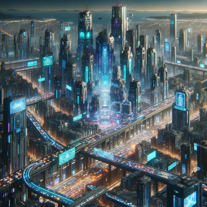 Dark Blue Cyberpunk City | Neon-Lit Towers & Hover Vehicles