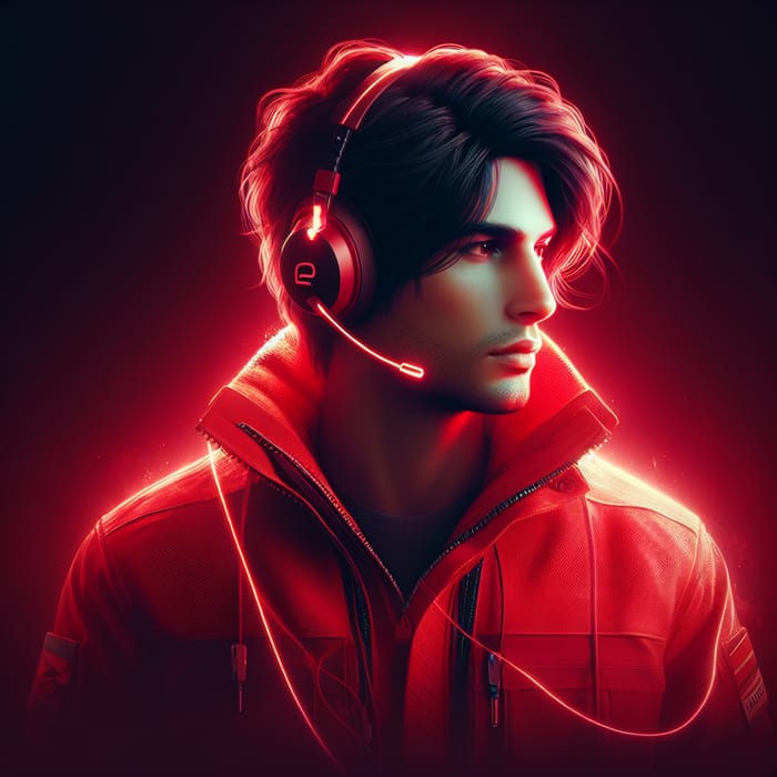 Caucasian Man with Black Hair in Red Jacket | Headset with Soft Red Light