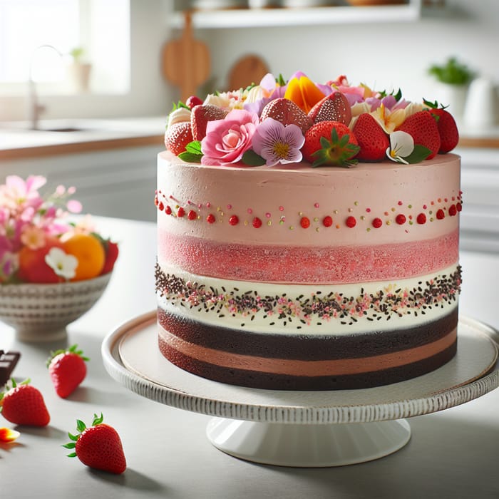 Delicious Three-Layer Cake with Chocolate, Strawberry & Vanilla Flavors | Exquisite Edible Creations