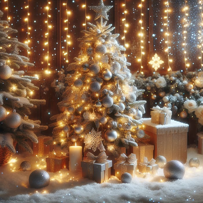 Snowy Christmas Scene with Decorated Tree and Gifts