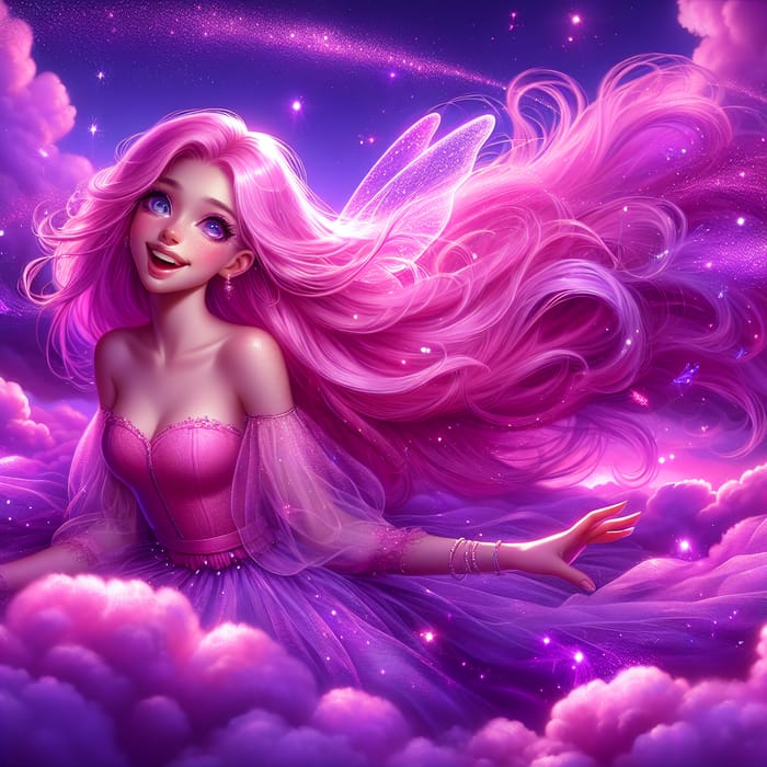Pink-Haired Fairy on Purple Clouds with Neon Highlights
