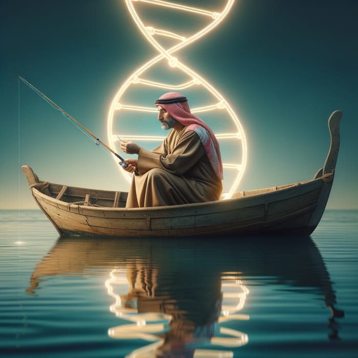 Tranquil Fishing Scene with DNA Border - Middle-Eastern Man Fishing in Antique Attire