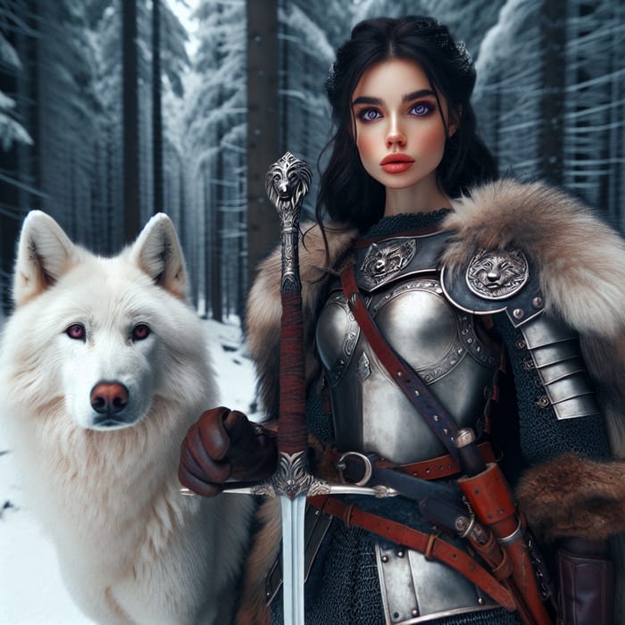 Young Female Northern Warrior in Snowy Mountain Forests with Albino Direwolf