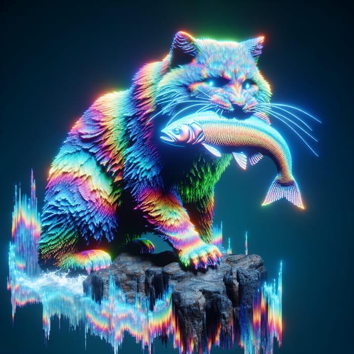 3D Holographic Cat with Fresh Fish - Arrogant Look on Rock