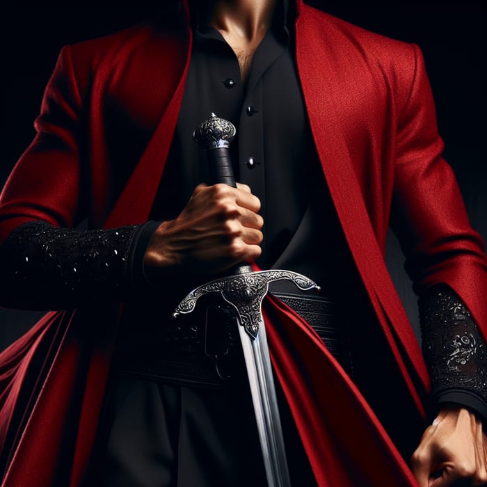 Tall Man in Black Outfit with Red Coat & Sword