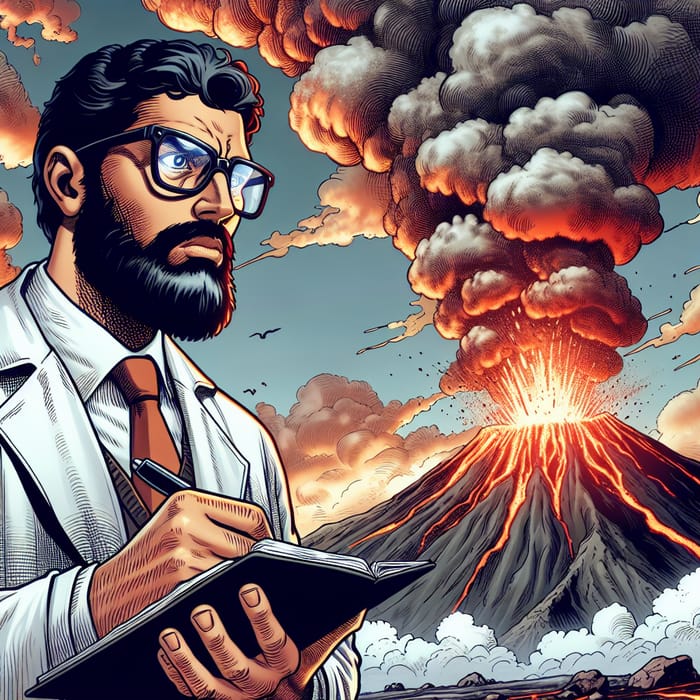 Adventure Comic: Intrepid Scientist and Erupting Volcano