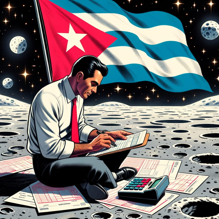 Cuban Man Doing Taxes on the Moon | Cuban Flag Lunar Scene