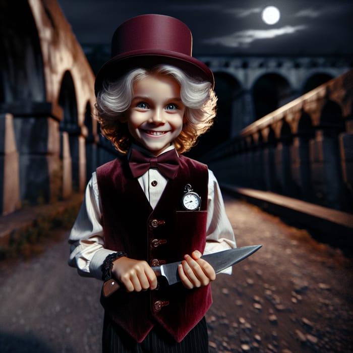 Enigmatic Smiling Boy on Moonlit Bridge | Captivating Scene
