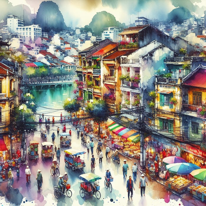 Vibrant Watercolor of Hanoi | Traditional Vietnamese Scene