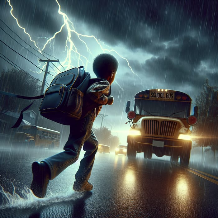 8-Year-Old African American Boy Running to School Bus Under Ominous Clouds