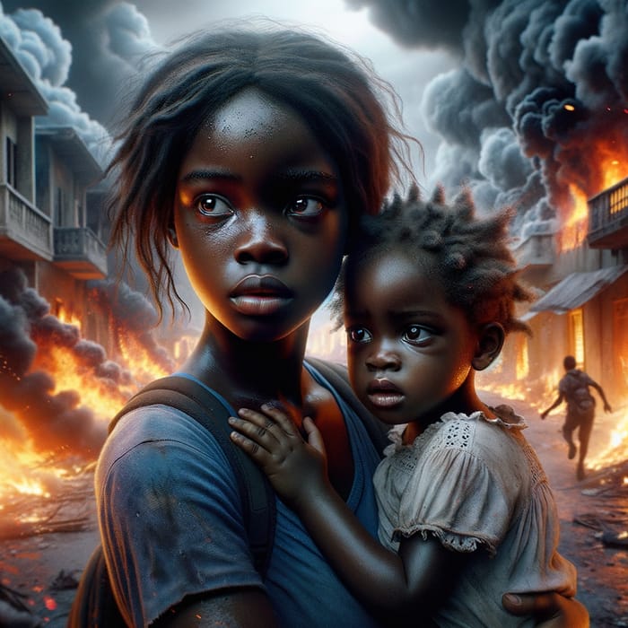 Haitian Woman and Child in Dramatic City Fire Scene